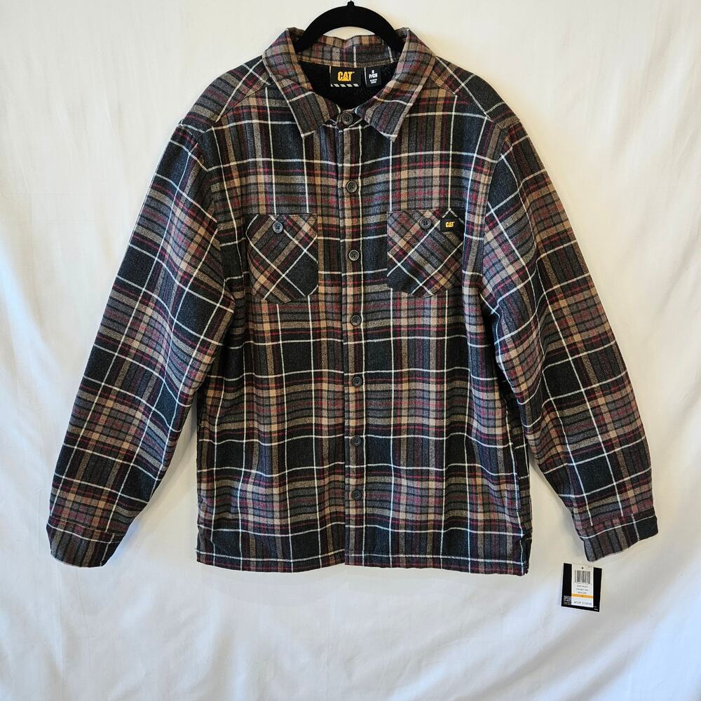 CAT Caterpillar Shacket Shirt Jacket Plaid Faux Fur Lining Iron Gate Small